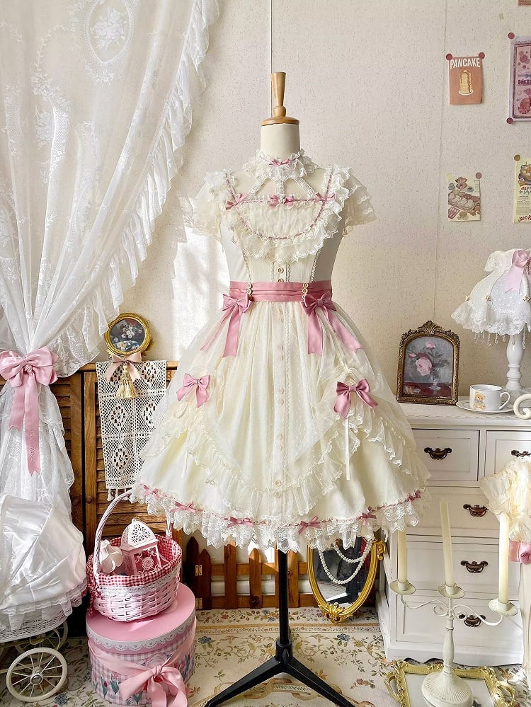 Short Lolita Dress Classic Light Version Bow with Elegant Yellow Lace and Details