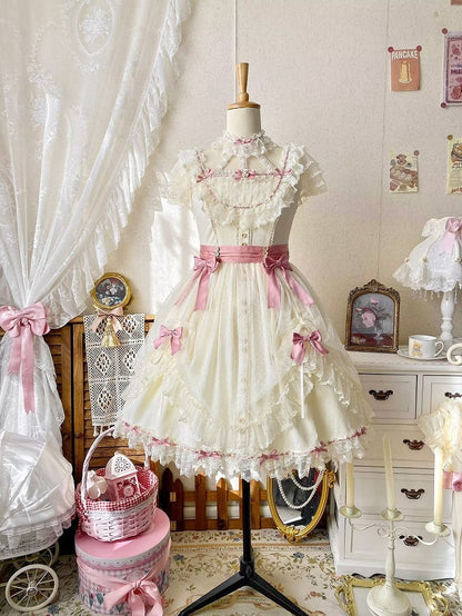 Short Lolita Dress Classic Light Version Bow with Elegant Yellow Lace and Details