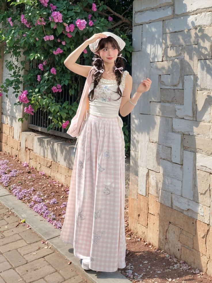 White Ruffled Waist Tank Top Square Neckline Butterfly Print Drawstring