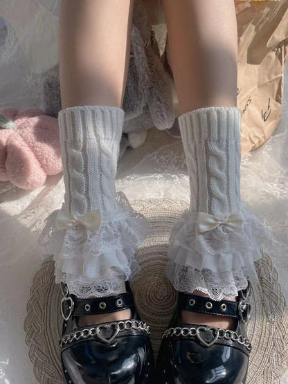 White Bow Three-Layered Lace Trim Lolita Leg Warmers