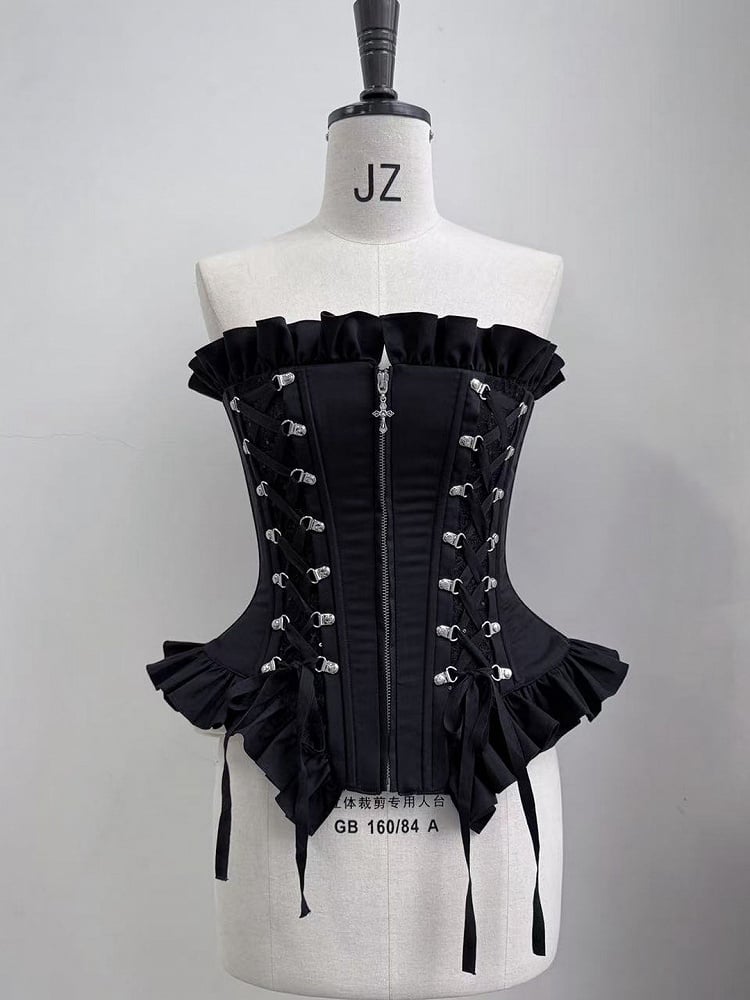 Lace-Up Boned Corset Top with Ruffle Accents - Moonveil Manuscript