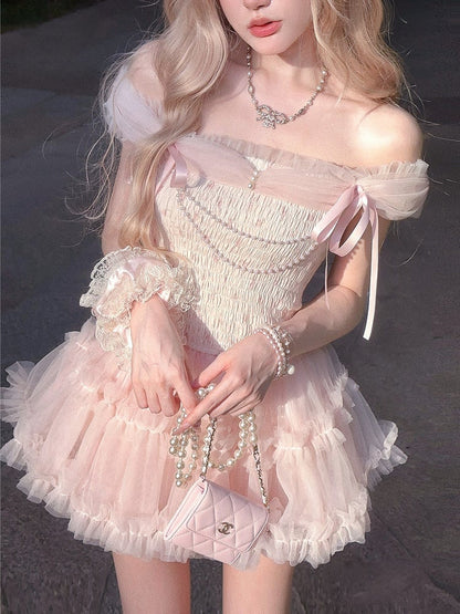 Slip Ribbon Tiered Mesh mit Perlen Akzente Abnehmbare Kette Kleid Rosa