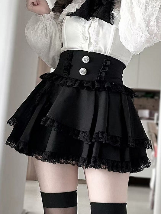 Tiered Design Detail Skirt Jirai and Layered Kei Black Lace Bow Trim with