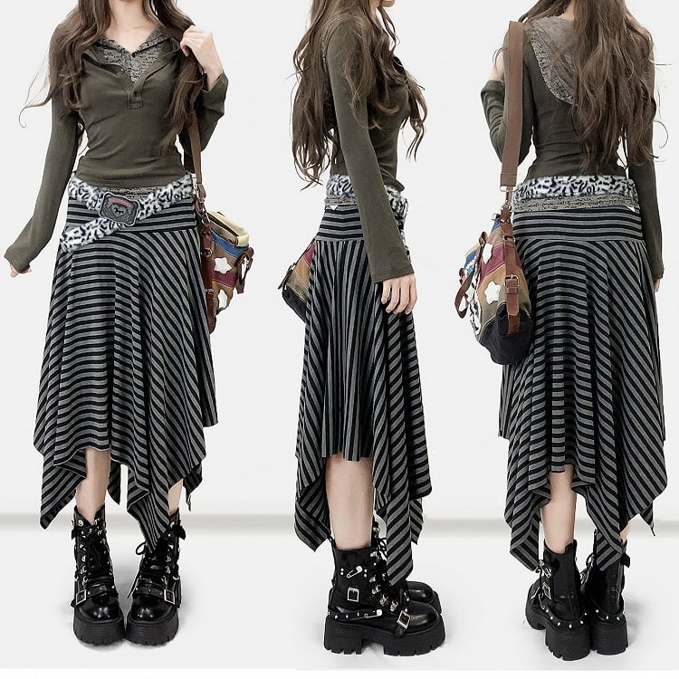 Gestreiftes Muster Y2K Schwarzer Taschentuchsaum