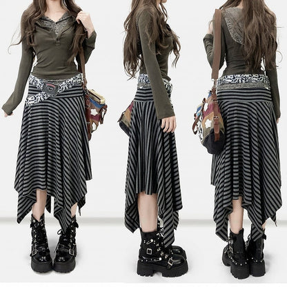 Gestreiftes Muster Y2K Schwarzer Taschentuchsaum