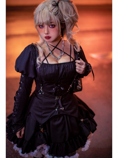 Black Punk Halter Long Sleeve Drawstring Lolita Top with Skirt Set - NanaRiot
