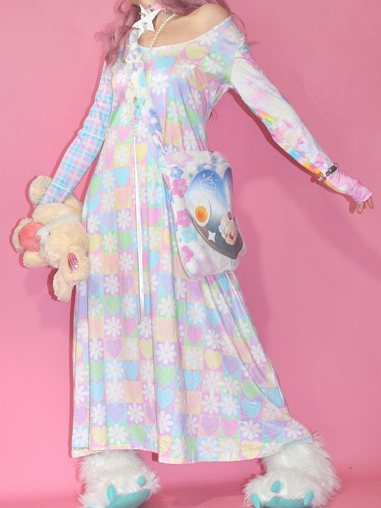 Blumendruckmuster Herz Y2K Buntes und kariertes Bärenkleid