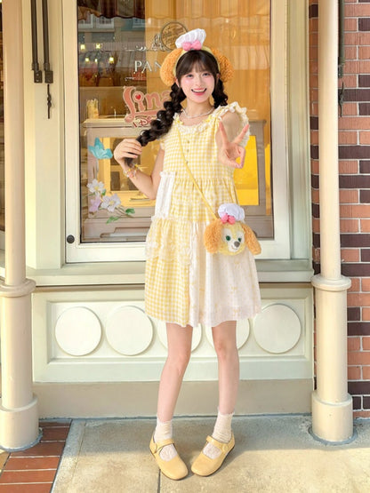 Plaid Dress Tiered Yellow Patchwork Design Flutter Sleeves Sweet