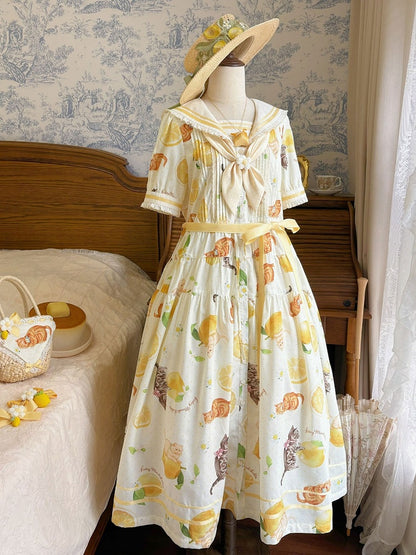 Yellow Sailor Collar Floral Print High Waist Dress with Cat Motif - Cutey Mask