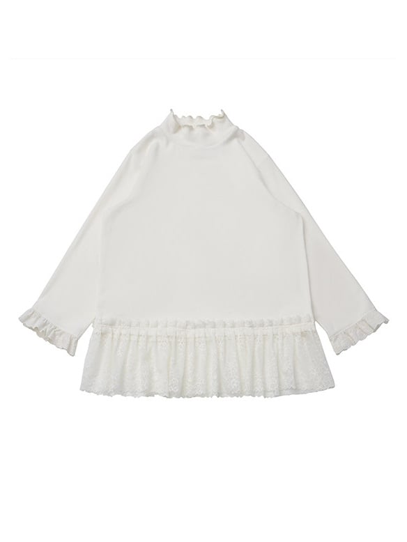 Long Top Mock Neck Trim Sleeve Lace White with Delicate