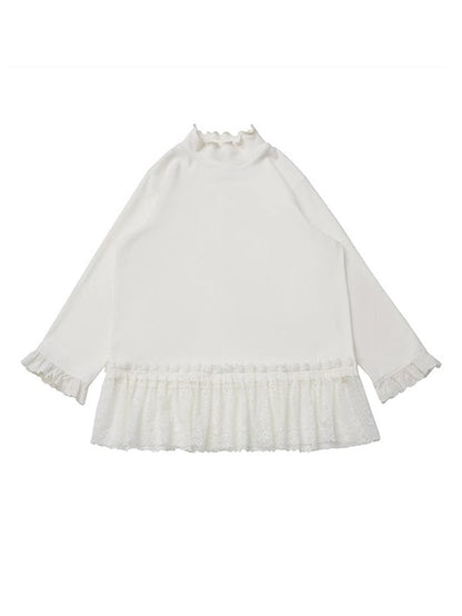 Long Top Mock Neck Trim Sleeve Lace White with Delicate