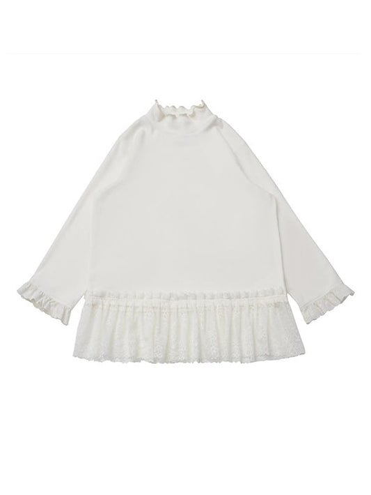 Long Top Mock Neck Trim Sleeve Lace White with Delicate