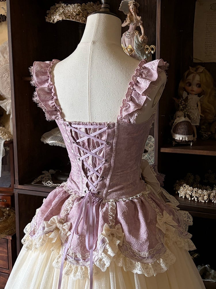 Elegant Long Corset Boned Skirt Purple + Beige Classic Lolita Jacquard Set Top