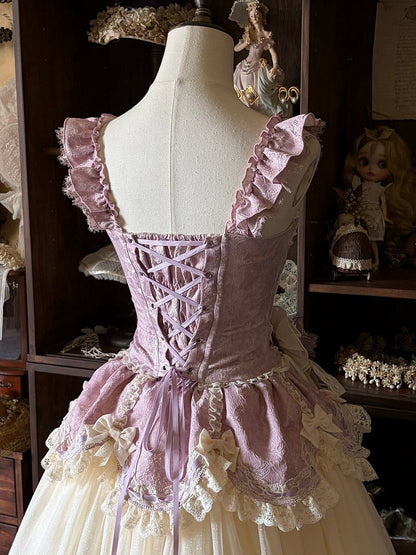 Elegant Long Corset Boned Skirt Purple + Beige Classic Lolita Jacquard Set Top