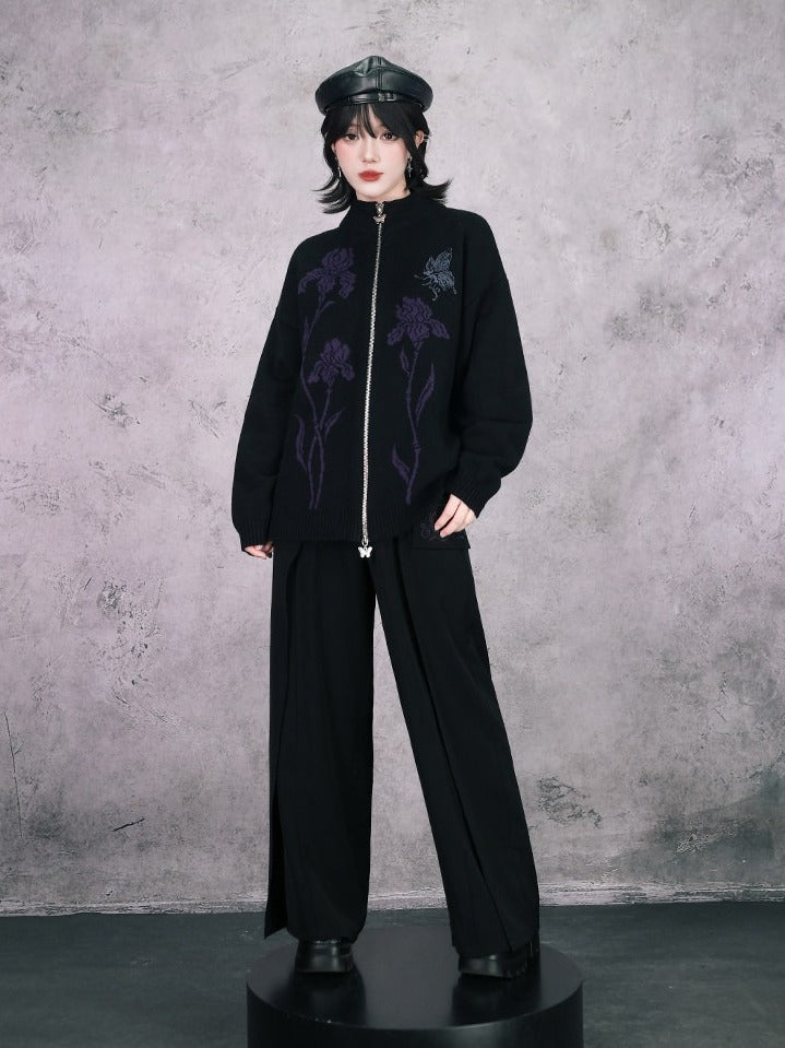 Iris Pattern Gothic Black Double Zipper Sweater Jacket - Quirky Hut