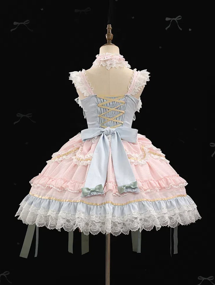 Mintgrünes Schleifen-Rosa und Blaues süßes Lolita-Korsettkleid mit Choker