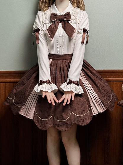 Skirt Sweet Scalloped Chocolate Lolita Brown Pleating Details with Edge Trim