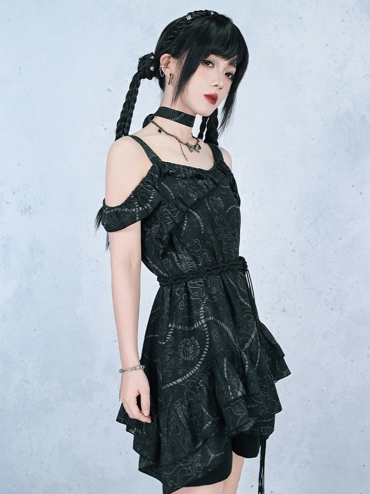 Gothic Black Off-Shoulder Cami Sea Lily Ruffle - Quirky Hut