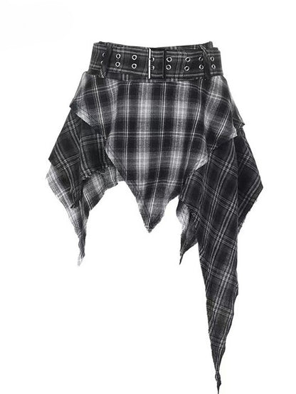 ダイタイデザイン + チェック柄キャミソールドレス トップネック アシンメトリースカートディテール ホワイト ブラックヘム ホルターネック スパイダーウェブ