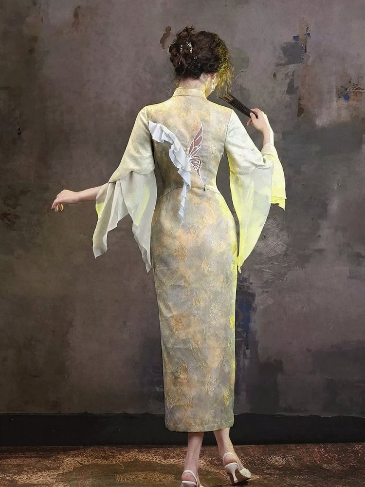 Green Chinese-Style Qipao Dress with Bow Embroidery, Cutout Design & Ruffle Accents - sijinstudio