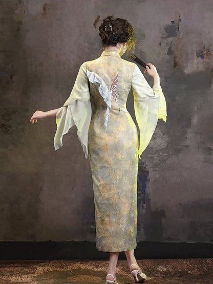 Green Chinese-Style Qipao Dress with Bow Embroidery, Cutout Design & Ruffle Accents - sijinstudio