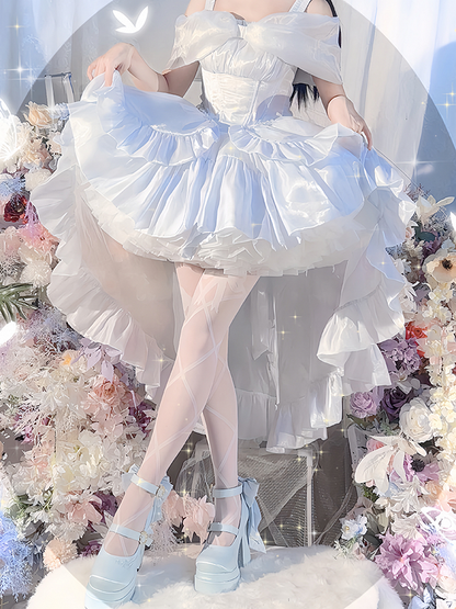 ブロックヒールの刺繍入りプラットフォームハイボウノット、ヴァレージェーンズライトリリーオブデタッチャブルザブルーメアリー