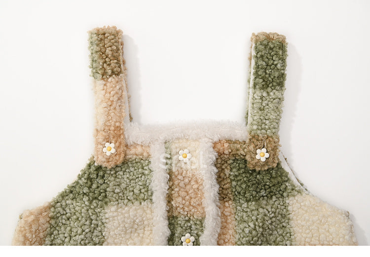 グリーンフローラルボタンディテールチェック柄フリースベスト