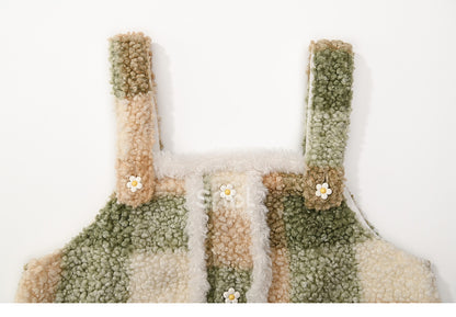 グリーンフローラルボタンディテールチェック柄フリースベスト