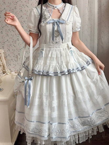 Ivory and Azure Stitched Sailor Gown with Detachable Collar - Honey Machine