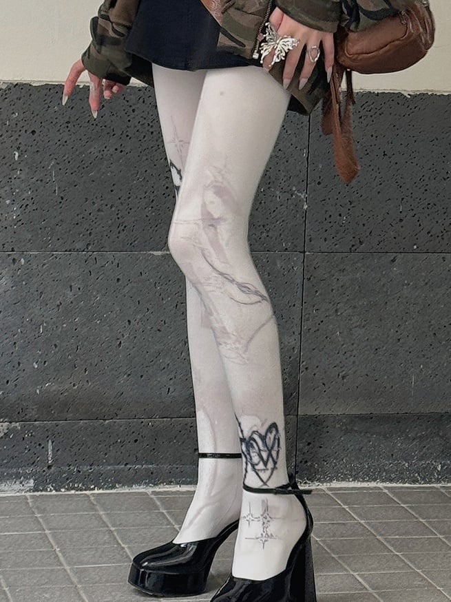 ホワイト 100D パンクプリントタイツ