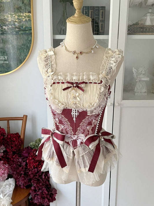 Top Red Two Boned with Corset Bows Bead Wine and Details