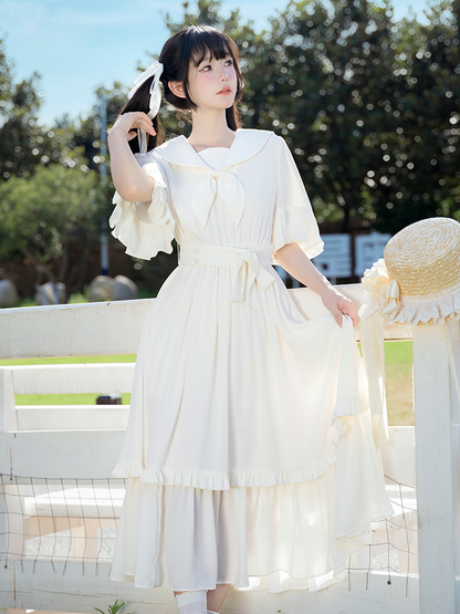 Trim White Ruffle Preppy Dress with Collar Sailor Midi