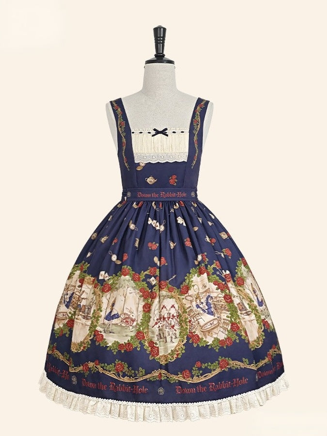 Wonderland Alice Floral Print Dark Blue Lolita JSK Lace - Stars Fall on the Foggy Island