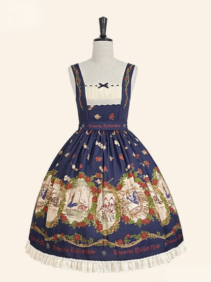 Wonderland Alice Floral Print Dark Blue Lolita JSK Lace - Stars Fall on the Foggy Island