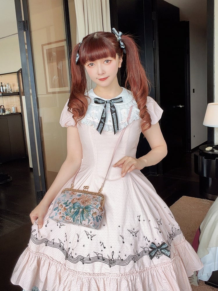 Sweet Pink Polka Dot Embroidered Music Note Lolita Dress with Panel Cut Skirt - Surface Spell
