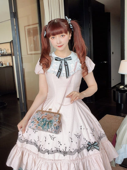 Sweet Pink Polka Dot Embroidered Music Note Lolita Dress with Panel Cut Skirt - Surface Spell
