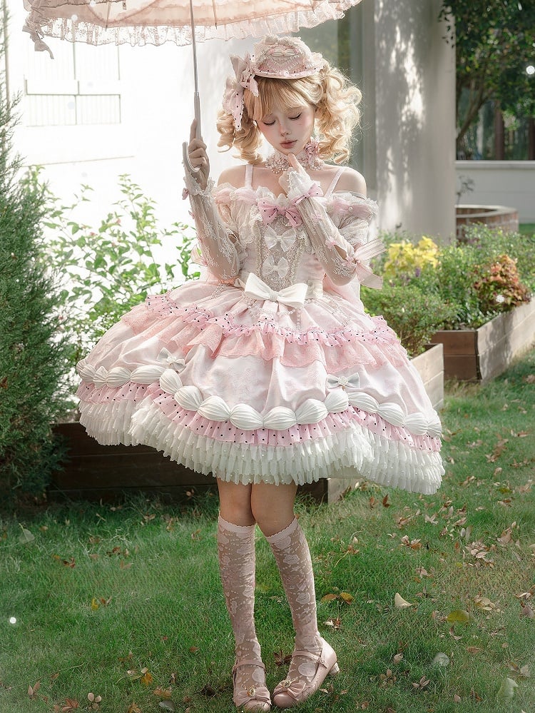 Wrist Shoulder KC Choker Veil Mini Hime Cuffs Set + Off Pink Lolita Full Hat Dress