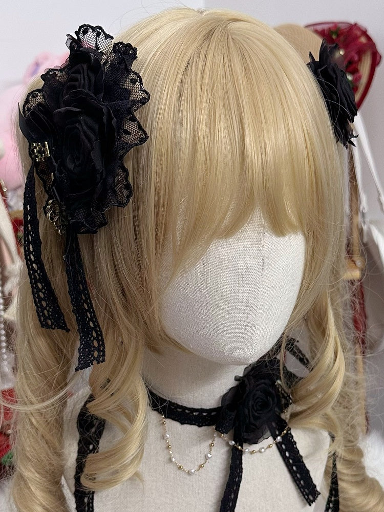 Rose Lace Bow Trim Hairclip 6 Color Floral Options