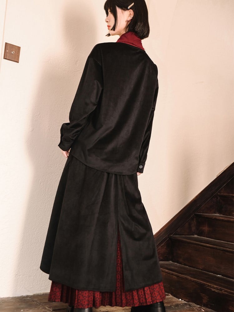 Double-Layer with Thicken/Thin Hem Print Cheongsam Red Pleated Black Snake Skirt Asymmetrical