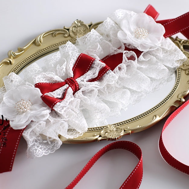 Hairband White Lolita Flowers Detachable Elegant And Bowknot Lace With Red