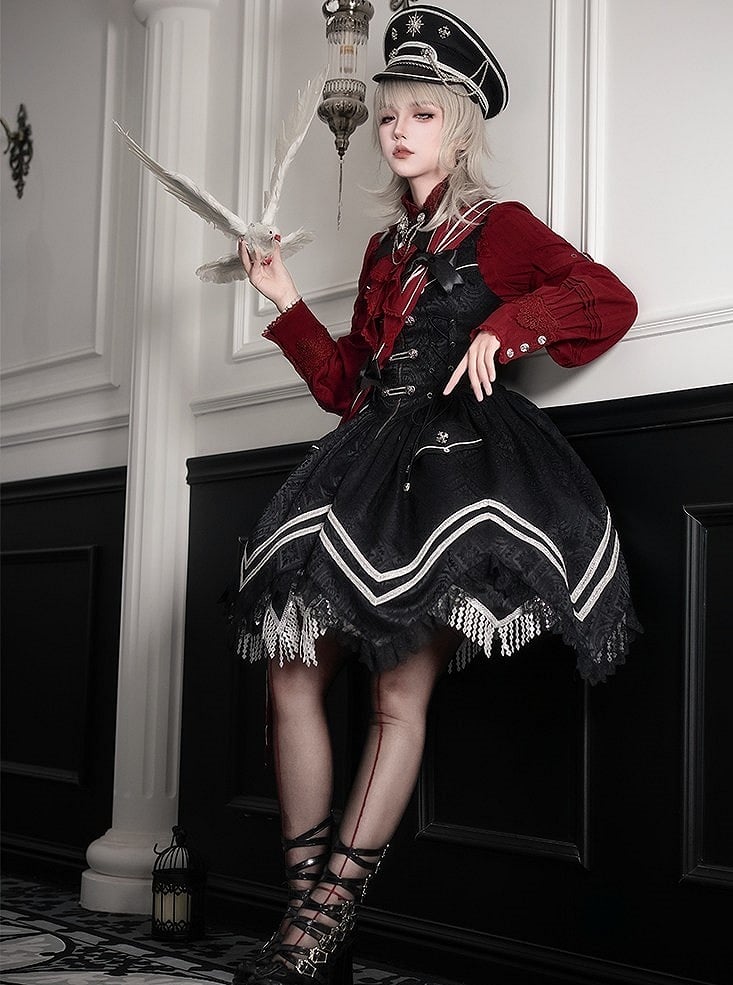 Black with Hem Military Details Lolita Corset Dress Zipper Handkerchief Jacquard