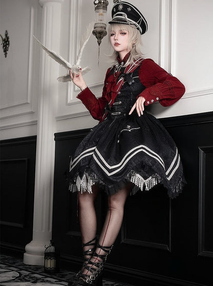 Black with Hem Military Details Lolita Corset Dress Zipper Handkerchief Jacquard