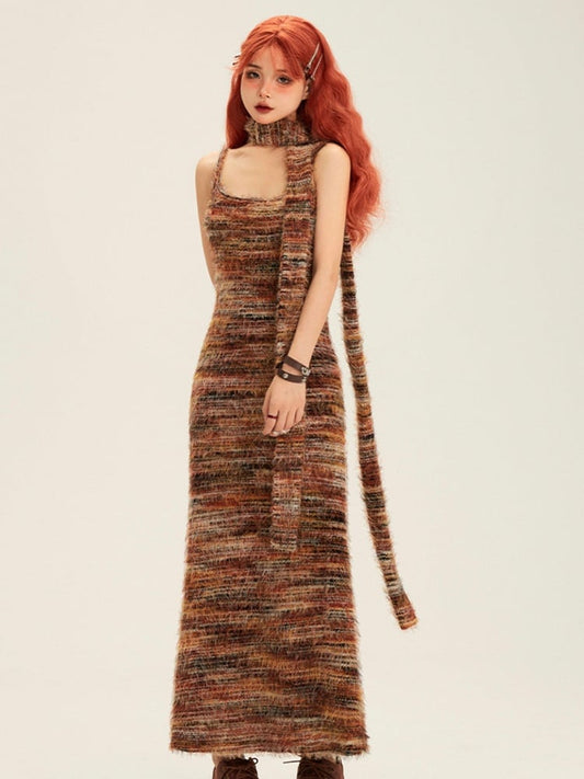 H-Line Close-fitting Matching Dress with Straps Striped Brown Knit Scarf Yellow Spaghetti