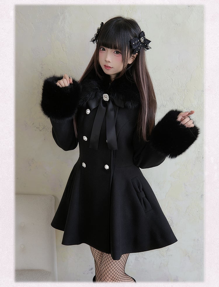 Rhinestone Double Detachable Jirai Kei Big Bow with Black Coat Breasted Fluffy Collar and Cuffs