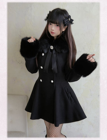 Rhinestone Double Detachable Jirai Kei Big Bow with Black Coat Breasted Fluffy Collar and Cuffs