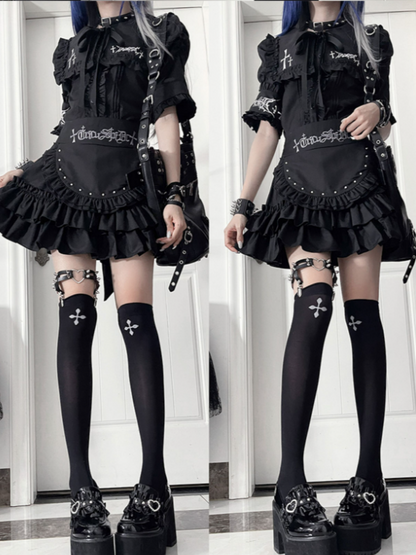 Tie Black Ruffle Lacing Bow Back Metal with Gothic Front Sleeve Short Trimmed Eyelet Top