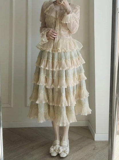 Details with Tulle Flower Multi-Layered Blue Lolita Beige Elegant Skirt Embroidery