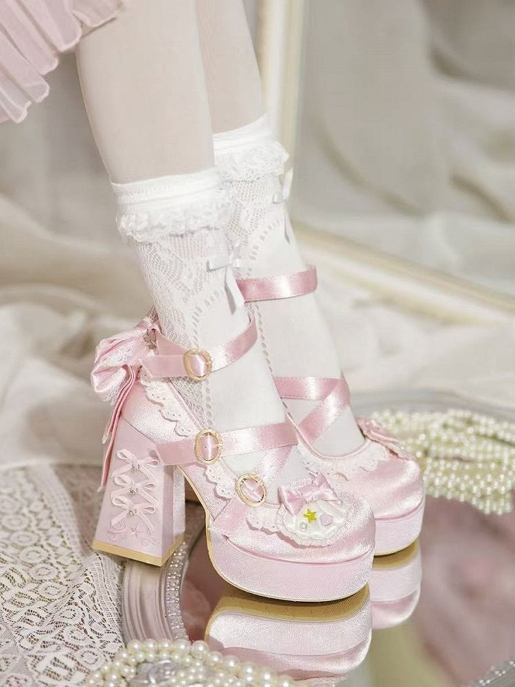 Light Pink Round-Toe Lolita Shoes, 11.5CM Bowknot Block Heel, Pearl & Shell - Bad Bear