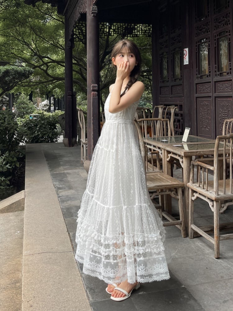 Lace Slip Dress Length White High Waist Ankle