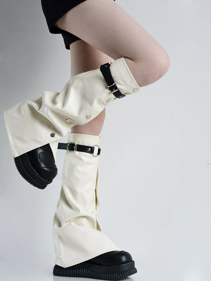 White with Metal Warmers Punk Leather and Leg Creamy Buckles Buttons